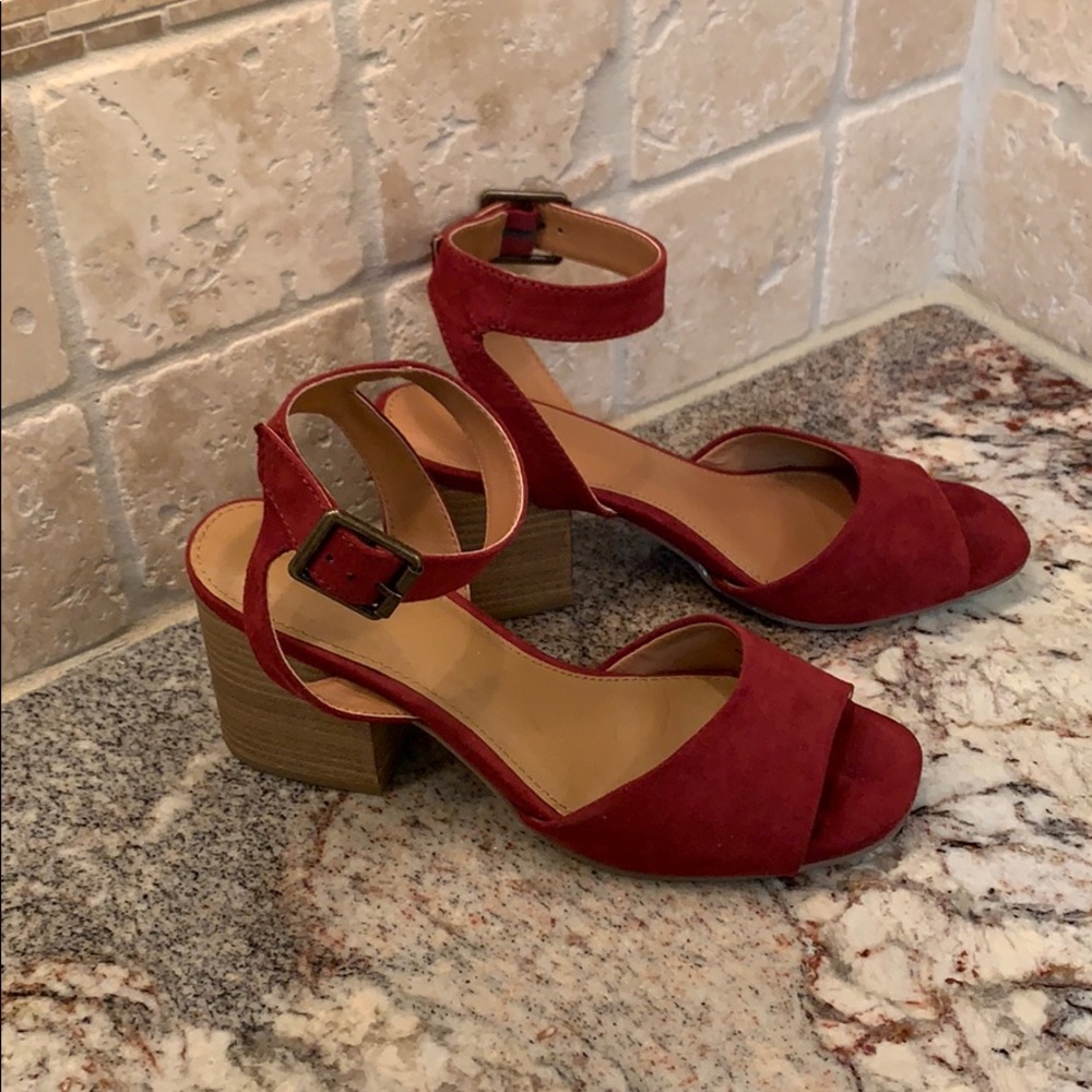 Burgundy Peep-Toe Block Heel Sandals